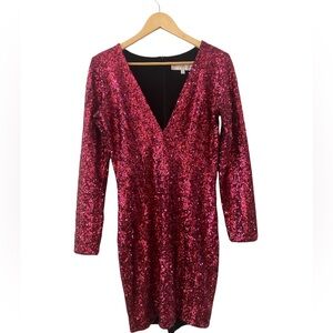 NWOT DRESS THE POPULATION Bridget Sequin V-Neck Body-Con Dress in Ruby size L